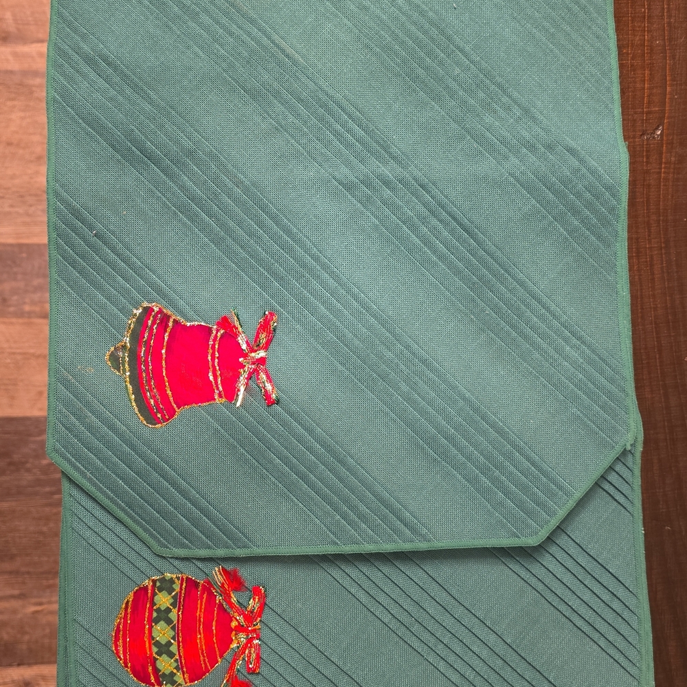 Green Table Runner with Red Bell Embroidery